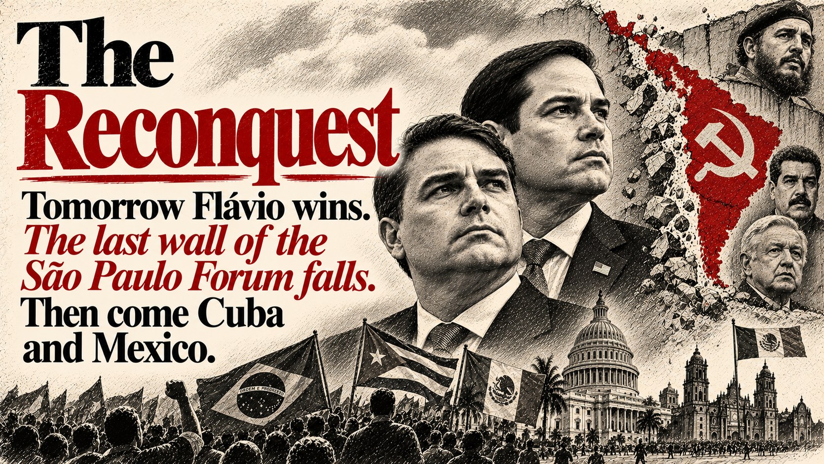The Reconquest. Tomorrow Flávio wins. The last wall of the São Paulo Forum falls. Then come Cuba and Mexico. Flávio Bolsonaro and Marco Rubio before a red map of the Americas, with the flags of Brazil, Cuba and Mexico, the Capitol in Havana and the Mexico City Cathedral.